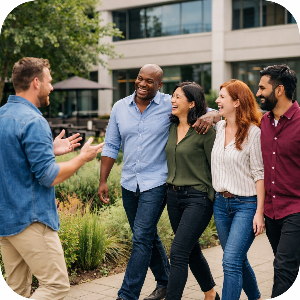 Diverse Team Walking in Garden with Laughter and Interaction-1
